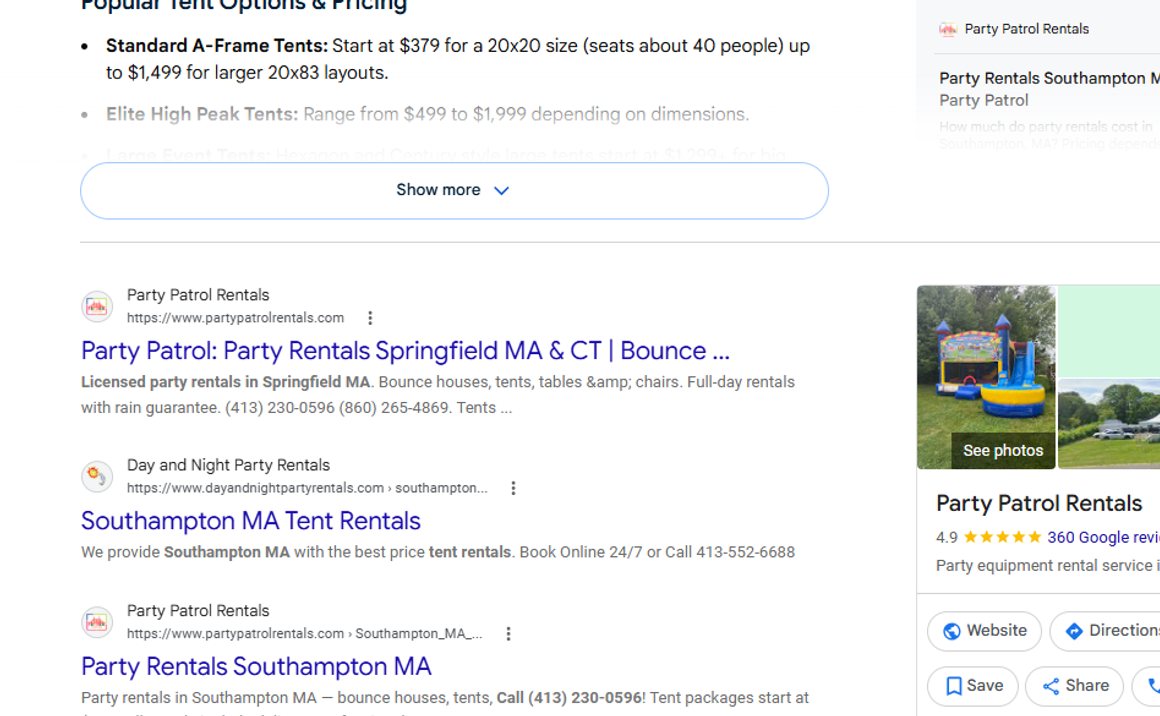 Party Patrol #1 in Google organic results for tent rentals Southampton MA